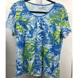 Kim Rogers Top Women Large Blue Green Floral Stretch Tiered Ruffle Blouse